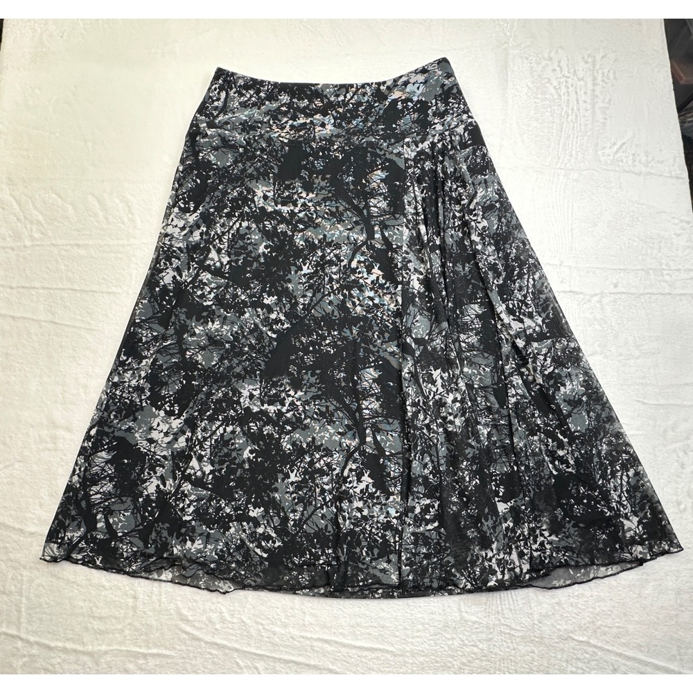 Coldwater Creek A-Line Skirt Womens XS 4 Black Grey Abstract Tree Mesh Midi
